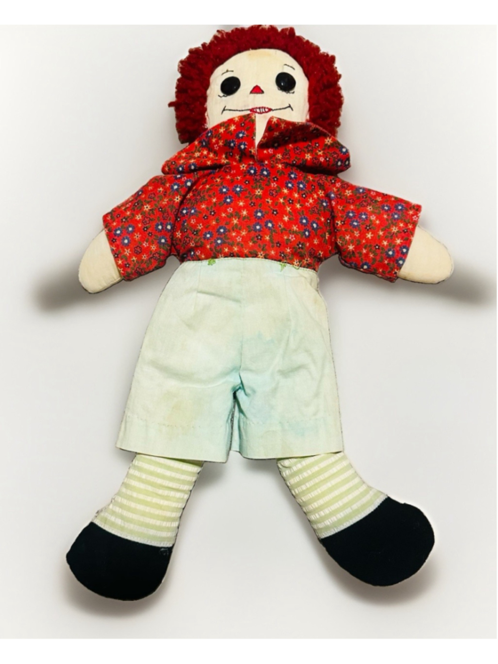 Vintage Raggedy Andy Doll Handmade Cloth Rag Doll Red Yarn Hair Changing Face